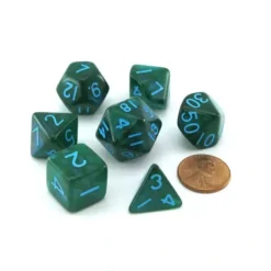 Dice>Acrylic Stardust 7-Die Polyhedral 16mm Dice Set - Green with Blue Numbers - Your Source for Gaming Essentials