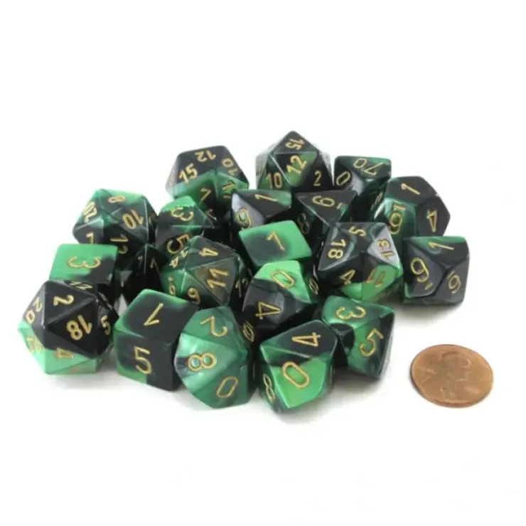 Dice>Bag of 20 Gemini Polyhedral Dice - Black-Green with Gold Numbers - Your Source for Gaming Essentials