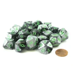 Dice>Bag of 20 Gemini Polyhedral Dice - Black-Grey with Green Numbers - Your Source for Gaming Essentials
