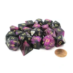 Dice>Bag of 20 Gemini Polyhedral Dice - Black-Purple with Gold Numbers - Your Source for Gaming Essentials