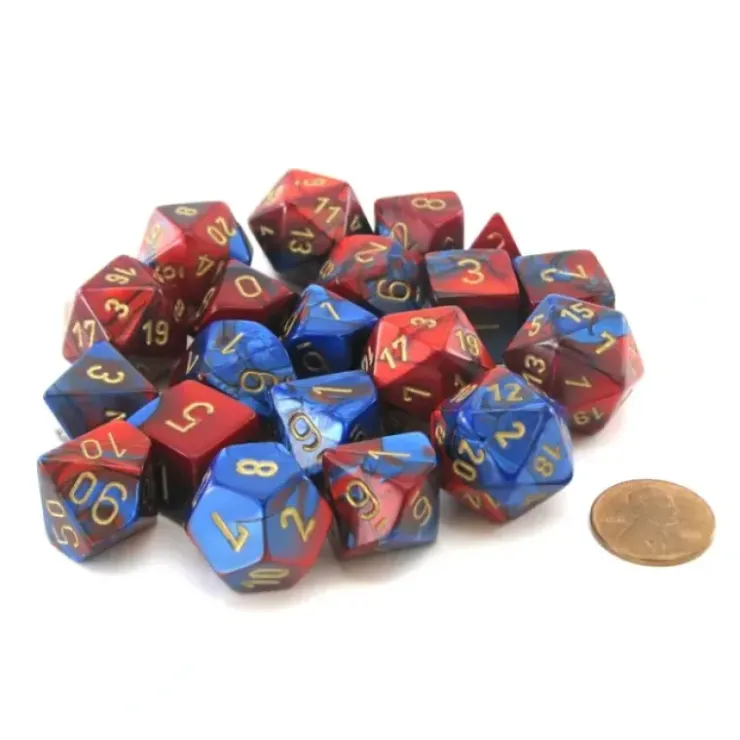 Dice>Bag of 20 Gemini Polyhedral Dice - Blue-Red with Gold Numbers - Your Source for Gaming Essentials