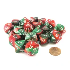 Dice>Bag of 20 Gemini Polyhedral Dice - Green-Red with White Numbers - Your Source for Gaming Essentials