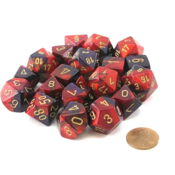Dice>Bag of 20 Gemini Polyhedral Dice - Purple-Red with Gold Numbers - Your Source for Gaming Essentials