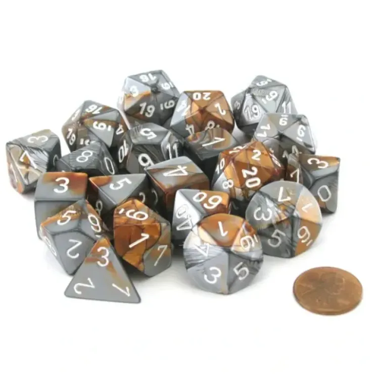 Dice>Bag of 20 Gemini Polyhedral Dice- Copper-Steel with White Numbers - Your Source for Gaming Essentials