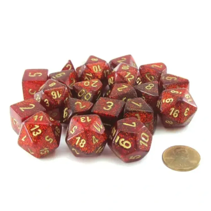 Dice>Bag of 20 Glitter Polyhedral Dice - Ruby with Gold Numbers - Your Source for Gaming Essentials