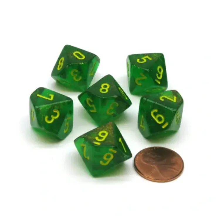 Dice>Borealis 16mm D10 (0-9) Chessex Dice, 6 Pieces - Maple Green with Yellow Numbers - Your Source for Gaming Essentials