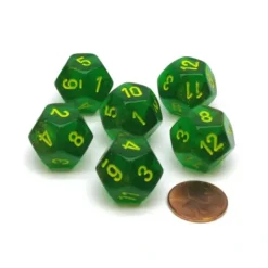 Dice>Borealis 18mm D12 Chessex Dice, 6 Pieces - Maple Green with Yellow Numbers - Your Source for Gaming Essentials