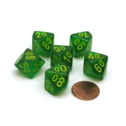 Dice>Borealis 16mm Tens D10 (00-90) Chessex Dice, 6 Pieces - Maple Green with Yellow - Your Source for Gaming Essentials