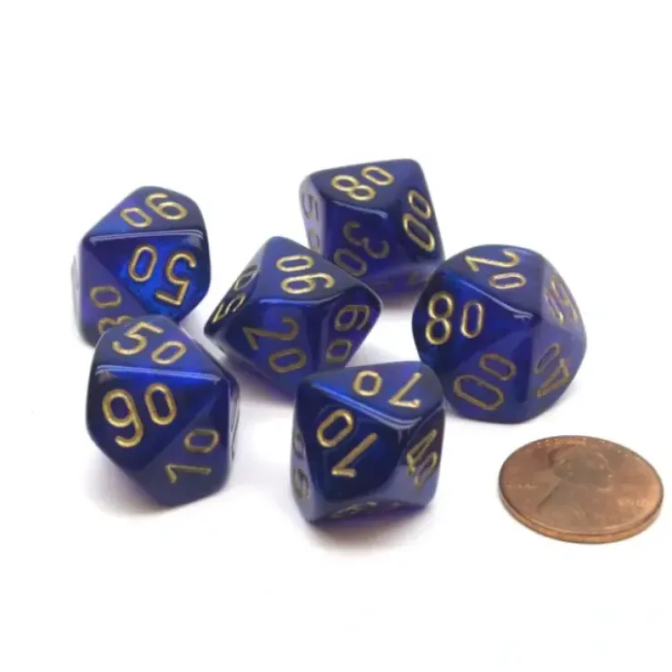 Dice>Borealis 16mm Tens D10 (00-90) Chessex Dice, 6 Pieces - Royal Purple with Gold - Your Source for Gaming Essentials