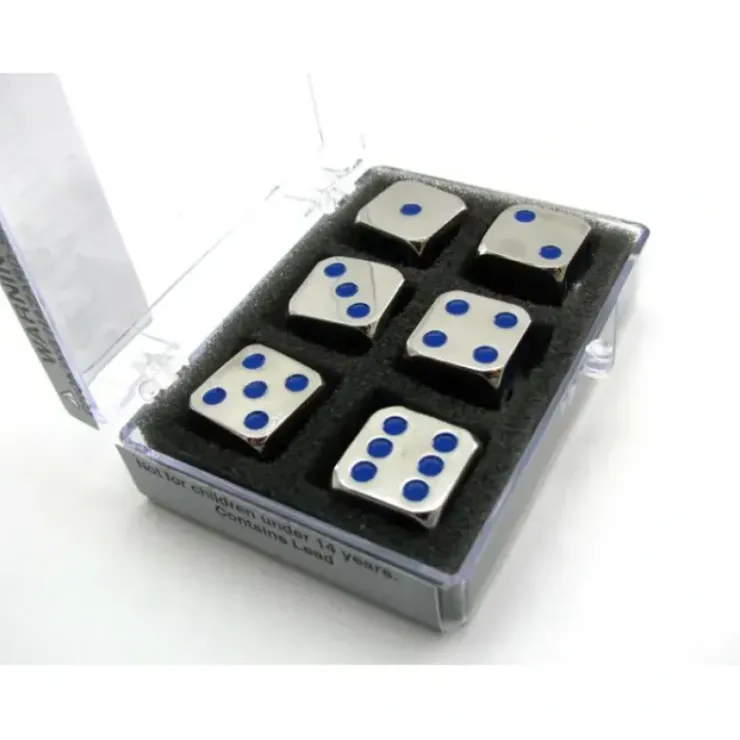 Dice>Box of 6 Zinc Metal Alloy D6 15mm Heavy Dice - Blue Pips - Your Source for Gaming Essentials