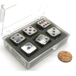 Dice>Box of 6 Zinc Metal Alloy D6 15mm Heavy Dice - Purple Pips - Your Source for Gaming Essentials
