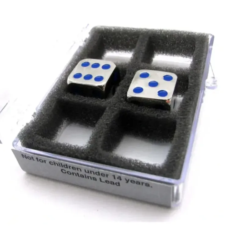 Dice>Box of 2 Zinc Metal Alloy D6 15mm Heavy Dice - Blue Pips - Your Source for Gaming Essentials