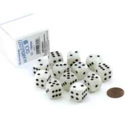 Dice>Case of 12 Deluxe Marble 16mm Round Edge Dice - White with Black Pips - Your Source for Gaming Essentials