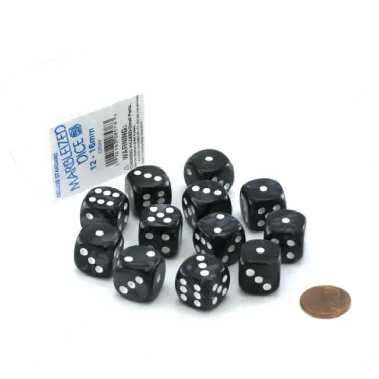 Dice>Case of 12 Deluxe Marble 16mm Round Edge Dice - Gray with White Pips - Your Source for Gaming Essentials