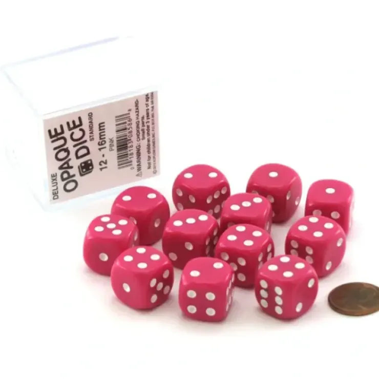 Dice>Case of 12 Deluxe Opaque 16mm Round Edge Dice - Pink with White Pips - Your Source for Gaming Essentials