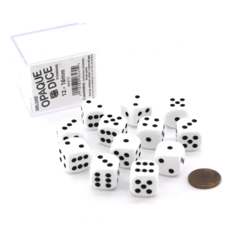 Dice>Case of 12 Deluxe Opaque 16mm Round Edge Dice - White with Black Pips - Your Source for Gaming Essentials