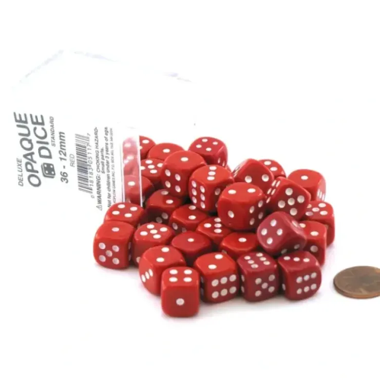 Dice>Case of 36 Deluxe Opaque Small 12mm Round Edge Dice - Red with White Pips - Your Source for Gaming Essentials