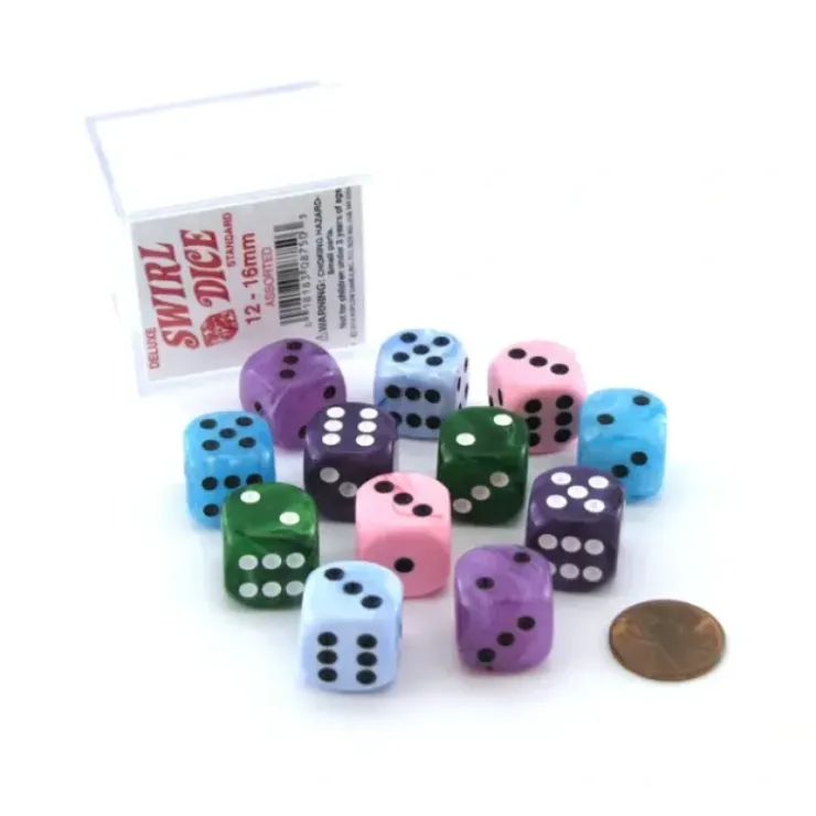 Dice>Case of 12 Deluxe Swirl 16mm Round Edge Dice - Assorted Colors - Your Source for Gaming Essentials