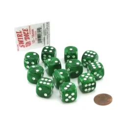 Dice>Case of 12 Deluxe Swirl 16mm Round Edge Dice - Ice Green with White Pips - Your Source for Gaming Essentials