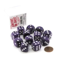 Dice>Case of 12 Deluxe Swirl 16mm Round Edge Dice - Purple with White Pips - Your Source for Gaming Essentials