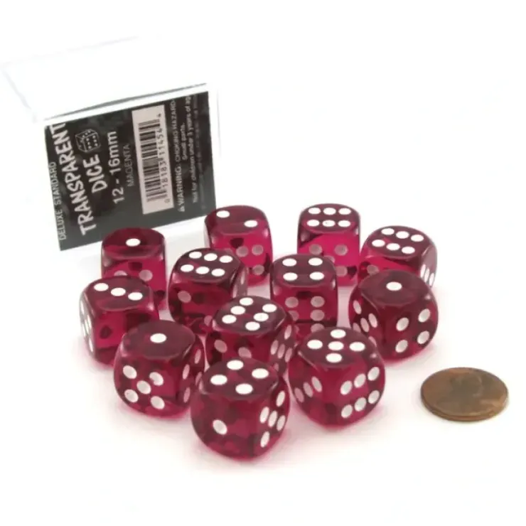Dice>Case of 12 Deluxe Transparent 16mm Round Edge Dice - Magenta with White Pips - Your Source for Gaming Essentials