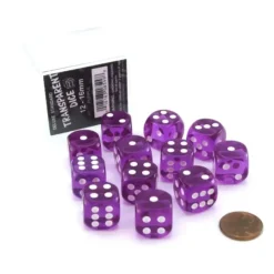 Dice>Case of 12 Deluxe Transparent 16mm Round Edge Dice - Purple with White Pips - Your Source for Gaming Essentials