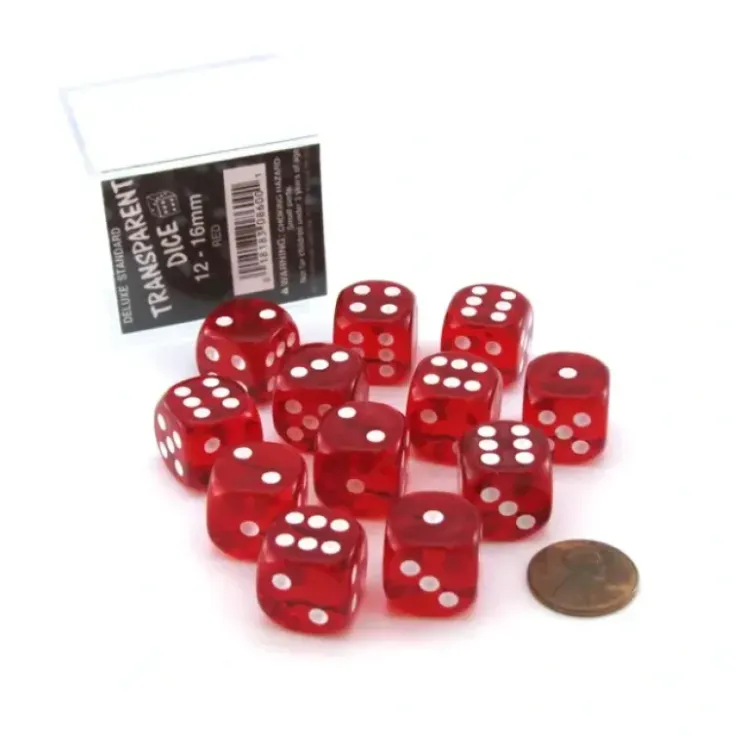 Dice>Case of 12 Deluxe Transparent 16mm Round Edge Dice - Red with White Pips - Your Source for Gaming Essentials