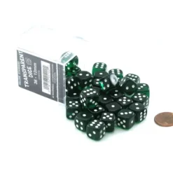 Dice>Case of 36 Deluxe Transparent Small 12mm Round Edge Dice - Green with White Pips - Your Source for Gaming Essentials