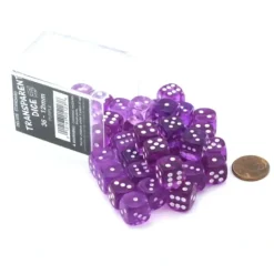 Dice>Case of 36 Deluxe Transparent Small 12mm Round Edge Dice - Purple with White - Your Source for Gaming Essentials