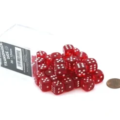 Dice>Case of 36 Deluxe Transparent Small 12mm Round Edge Dice - Red with White Pips - Your Source for Gaming Essentials