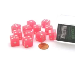 Dice>Case with 12 16mm Glow in the Dark Dice - Peach Color with White Pips - Your Source for Gaming Essentials