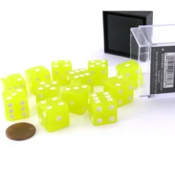 Dice>Case with 12 16mm Glow in the Dark Dice - Lemon Color with White Pips - Your Source for Gaming Essentials