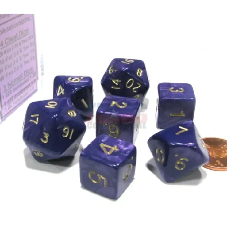 Dice>Cheater's Polyhedral 7-Dice Chessex Set - Pearlescent Purple with Gold Numbers - Your Source for Gaming Essentials