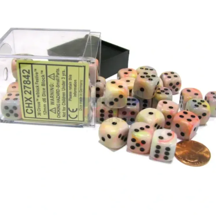 Dice>Festive 12mm D6 Chessex Dice Block (36 Dice) - Circus with Black Pips - Your Source for Gaming Essentials
