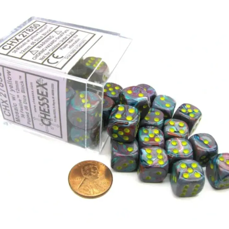 Dice>Festive 12mm D6 Chessex Dice Block (36 Dice) -Mosaic with Yellow Pips - Your Source for Gaming Essentials