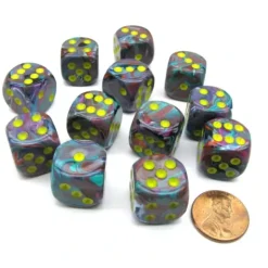 Dice>Festive 16mm D6 Chessex Dice Block (12 Dice) - Mosaic with Yellow Numbers - Your Source for Gaming Essentials