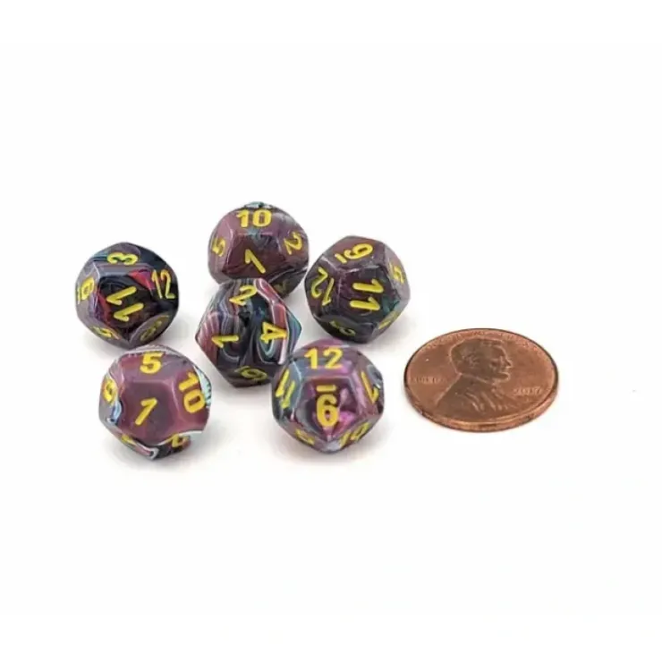 Dice>Festive 12mm Mini 12 Sided D12 Dice, 6 Pieces - Mosaic with Yellow Numbers - Your Source for Gaming Essentials