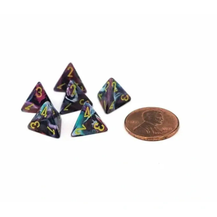 Dice>Festive 12mm Mini 4 Sided D4 Dice, 6 Pieces - Mosaic with Yellow Numbers - Your Source for Gaming Essentials