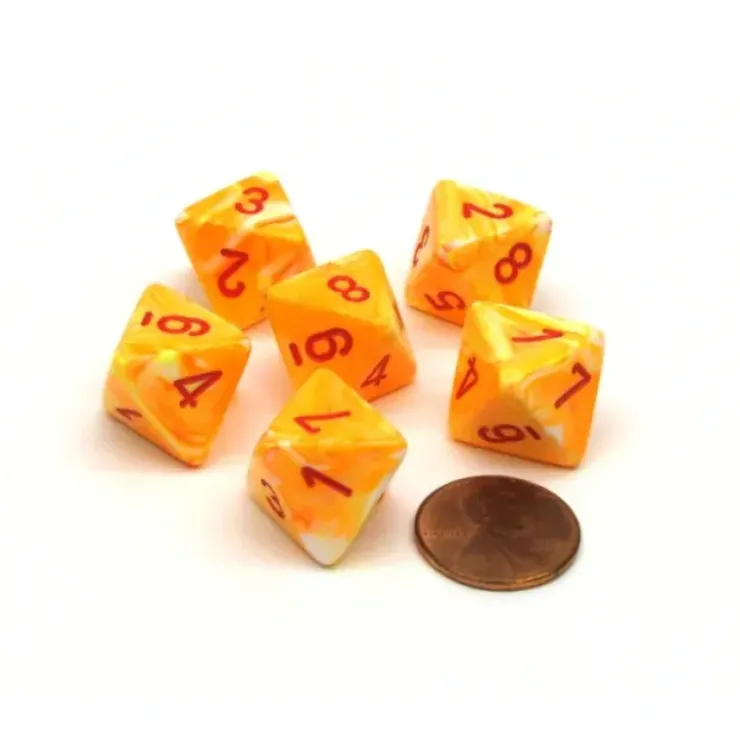 Dice>Festive 15mm 8 Sided D8 Chessex Dice, 6 Pieces - Sunburst with Red Numbers - Your Source for Gaming Essentials