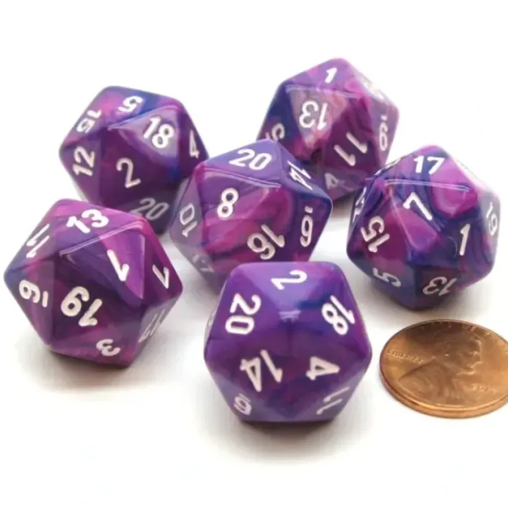 Dice>Festive 20mm 20 Sided D20 Chessex Dice, 6 Pieces - Violet with White Numbers - Your Source for Gaming Essentials