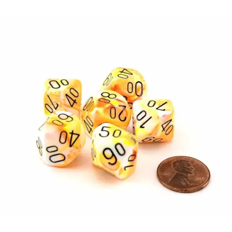 Dice>Festive 16mm Tens D10 (00-90) Dice, 6 Pieces - Sunburst with Black Numbers - Your Source for Gaming Essentials