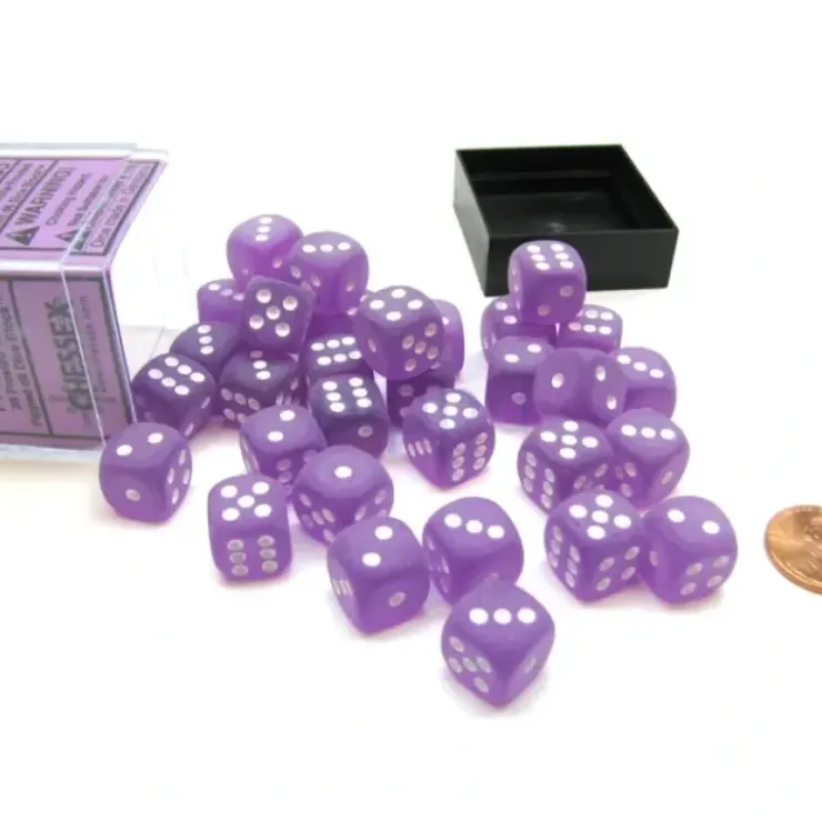 Dice>Frosted 12mm D6 Chessex Dice Block (36 Die) - Purple with White Pips - Your Source for Gaming Essentials