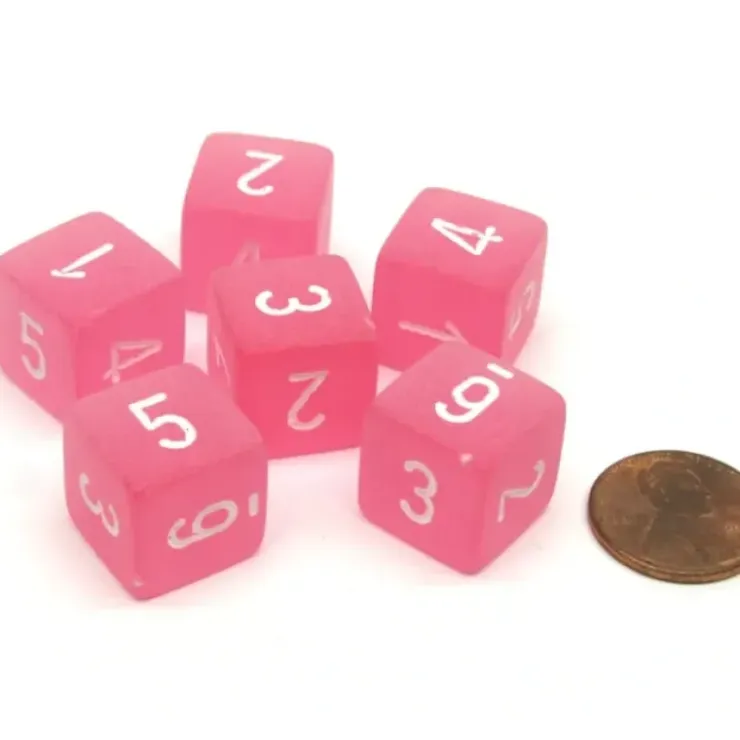 Dice>Frosted 15mm D6 Polyhedral Chessex Dice, 6 Pieces - Pink with White Numbers - Your Source for Gaming Essentials