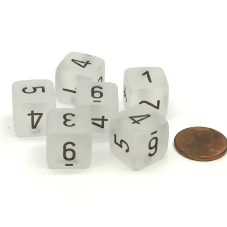 Dice>Frosted 15mm 6 Sided D6 Chessex Dice, 6 Pieces - Clear with Black Numbers - Your Source for Gaming Essentials