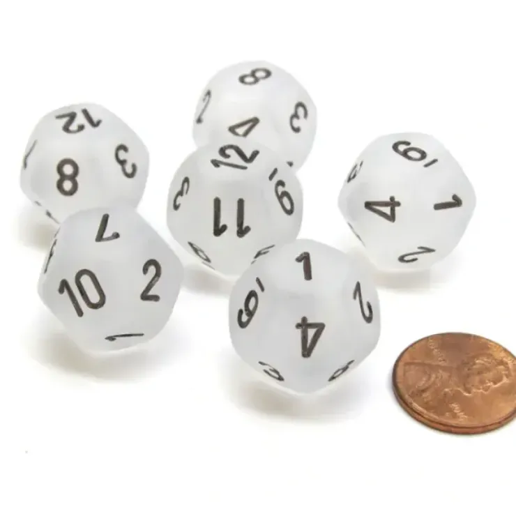 Dice>Frosted 18mm 12 Sided D12 Chessex Dice, 6 Pieces - Clear with Black - Your Source for Gaming Essentials