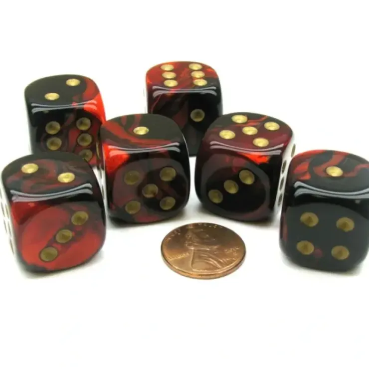 Dice>Gemini 20mm Big D6 Chessex Dice, 6 Pieces - Black-Red with Gold Pips - Your Source for Gaming Essentials