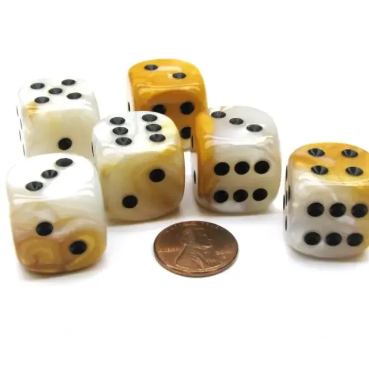 Dice>Gemini 20mm Big D6 Chessex Dice, 6 Pieces - Gold-White with Black Pips - Your Source for Gaming Essentials