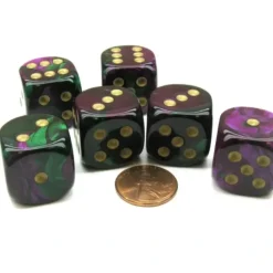 Dice>Gemini 20mm Big D6 Chessex Dice, 6 Pieces - Green-Purple with Gold Pips - Your Source for Gaming Essentials