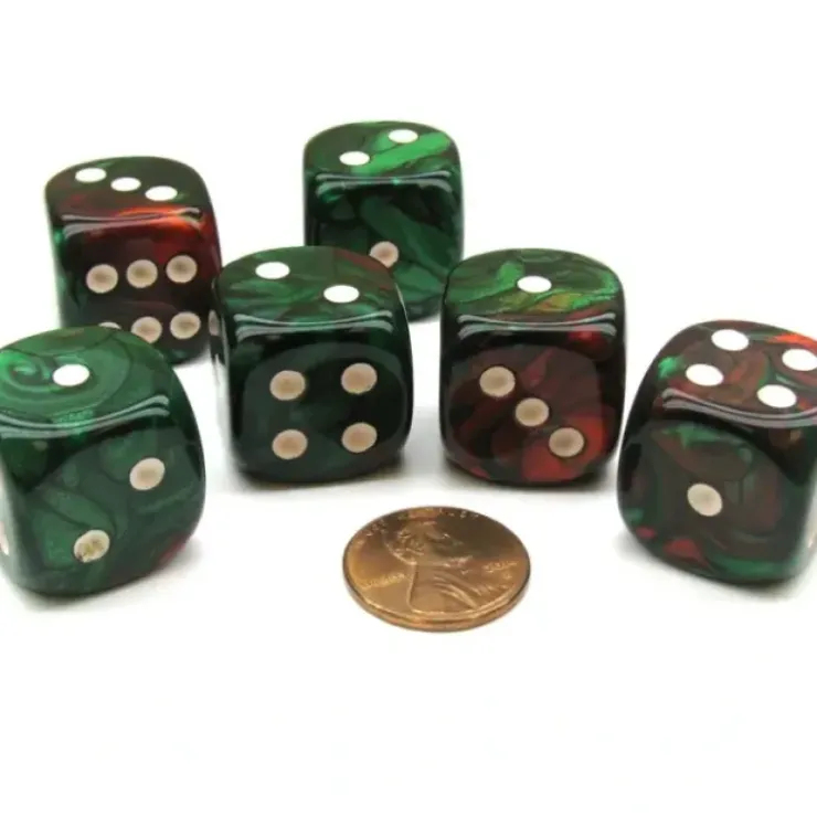Dice>Gemini 20mm Big D6 Chessex Dice, 6 Pieces - Green-Red with White Pips - Your Source for Gaming Essentials