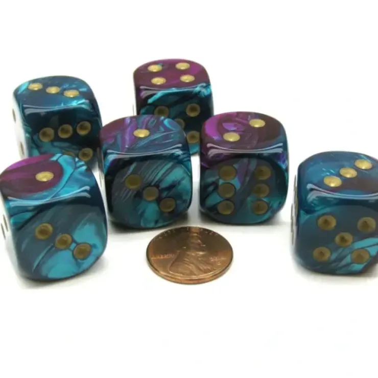 Dice>Gemini 20mm Big D6 Chessex Dice, 6 Pieces - Purple-Teal with Gold Pips - Your Source for Gaming Essentials
